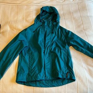 Bright teal rain coat